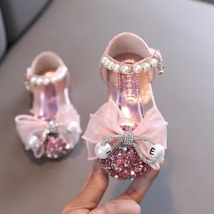Zapatos de princesa rosas con purpurina para niñas con lazo y perlas