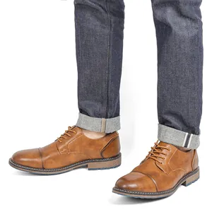 Stylish men's brown burnished leather business casual dress shoes with cap toe design