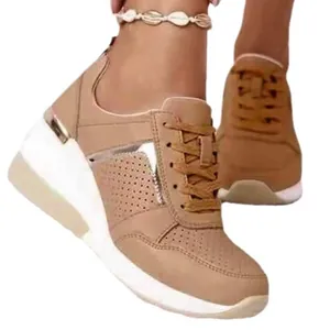 Damen Khaki Keilsneaker mit dicker Sohle und atmungsaktivem Mesh-Schnürdesign