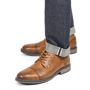 Professional brown men's business leather shoes with stylish burnished cap toe design