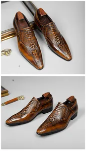 Vista de detalle de zapatos de cuero marrón con grabado de cocodrilo y punta fina.