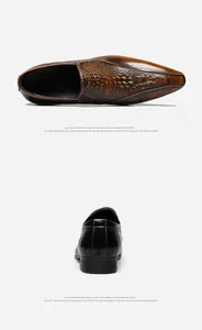 Vista detallada de zapatos de cuero en punta para hombre, textura de cocodrilo y negro.