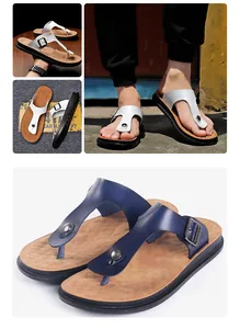 Macro detail view of casual beach thong sandals with leather straps and metal buckle accent.