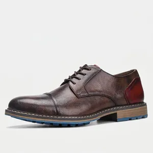 Men Business Casual Leather Shoes Retro Burnished Finish Derby Shoes Lace-Up Synthetic Leather Low Top Dress Shoes For Office Work