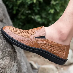 Breathable brown mesh loafers for men with stylish crocodile skin texture detail.