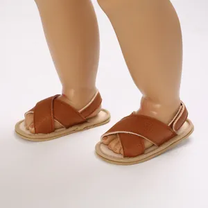 Detalle de sandalias de cuero sintético para bebé con suela blanda