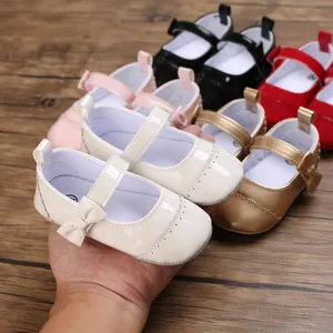 Detailed view of baby soft sole princess walking shoes with bow decoration in various colors