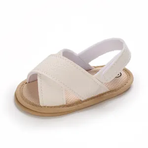 Sandalias de verano para bebés en cuero blanco con suela blanda y malla transpirable