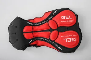 Detailed view of the red and black gel cycling seat cushion pad for men's bike shorts.