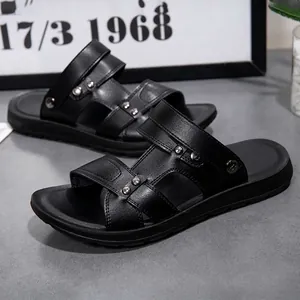 Stylish mens black PU leather outdoor beach sandals with metal rivets and anti-slip thick sole