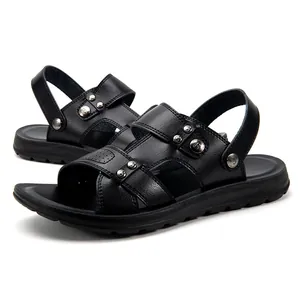 Breathable men's black PU leather sandals with metal studs and non-slip sole for summer