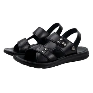 Breathable black PU leather men's sandals with non-slip sole for outdoor beach use