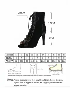 Size chart for black lace-up peep-toe dance boots with 9cm stiletto heel and dimensions.