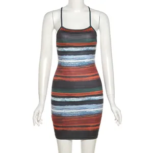 Sexy backless bodycon mini dress with colorful horizontal stripes and cami straps