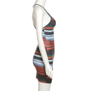 Side view detail of a backless bodycon dress with vibrant horizontal stripe print