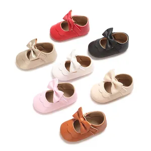 Multi-color collection of baby girl bow princess soft sole pre-walker shoes.