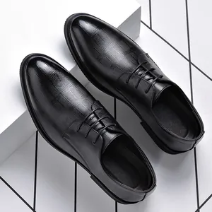 Men's Business Dress Shoes Pointed Toe Lace Up Formal Wedding Shoes Korean Style Recycled Leather Crocodile Texture Black