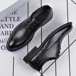 Classic black pointed-toe leather business dress shoes with unique crocodile texture for men