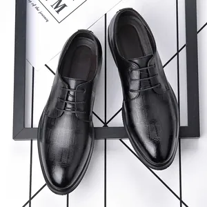 Elegant black pointed-toe men's leather business dress shoes for formal wedding events