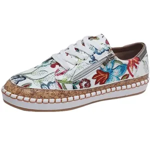 Floral print platform loafers for women with ethnic embroidery and side zipper