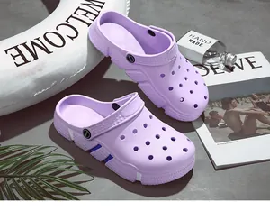 Detailed view of purple summer beach clogs featuring breathable holes and a comfortable sole.