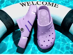 Close-up detail of purple summer clog sandals on a nautical lifebuoy in a pool