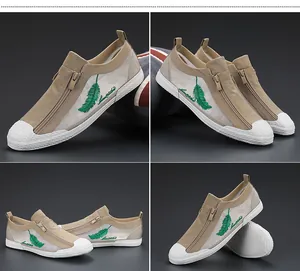 Detailed views of men's breathable khaki mesh casual shoes featuring green feather embroidery