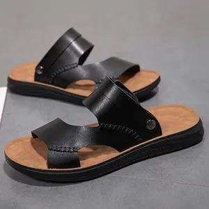Stylish black PU leather two-strap sandals for men featuring durable non-slip rubber soles