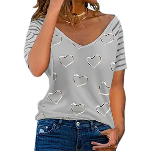 Close-up detail of women's casual grey V-neck T-shirt featuring heart print and striped sleeves