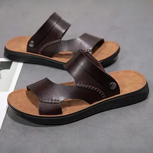 High-quality men's dark brown PU leather beach sandals with durable non-slip soles