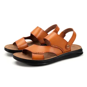 Men's brown PU leather sandals with non-slip black soles for beach and summer wear