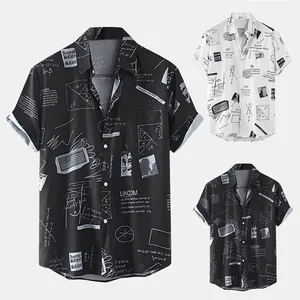 Men Casual Short Sleeve Shirt Geometric Graffiti Print Loose Fit Button Up Lapel Shirt Streetwear Polyester Top Summer Shirt