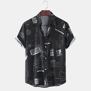 Men's casual short sleeve shirt with geometric math graffiti print in black