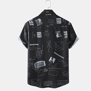 Black men's casual short sleeve shirt with white geometric graffiti print pattern
