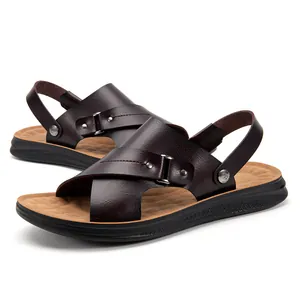 Herren-Sandalen aus dunkelbraunem Leder mit Zwei-Wege-Riemen und rutschfester Sohle