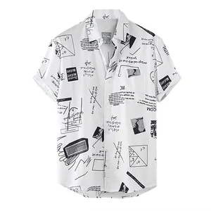 Men's casual loose-fit short sleeve shirt with black geometric graffiti print on white