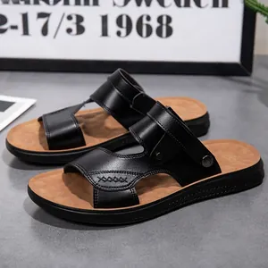 Sandali da uomo classici in pelle PU nera con suola antiscivolo e cuciture a croce