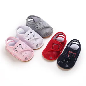 Collection of mesh baby sandals in multiple colors with cute bear embroidery detail.