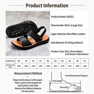 Men's outdoor PU leather sandals with non-slip sole and detailed size chart info