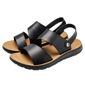 Stylish women's black PU leather beach sandals with non-slip sole for summer wear