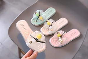 Claquettes d'été pour filles avec fleurs en organza et perles en plusieurs couleurs