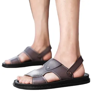 Sandales de plage pour hommes en cuir PU marron avec semelle antidérapante durable