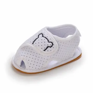 Close-up detail of breathable white mesh baby sandals featuring cute bear head embroidery