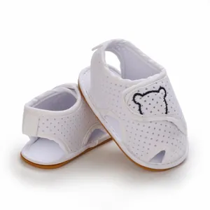 Detailed view of breathable mesh baby walking sandals with cute bear patch icon