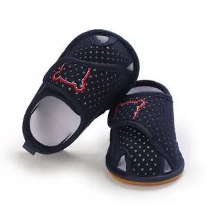 Breathable navy blue baby mesh sandals with cute bear embroidery and soft rubber soles