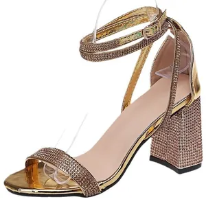 Elegant gold rhinestone chunky high heel sandals with ankle strap and open toe design