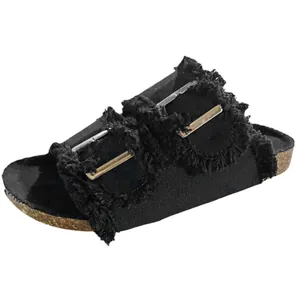 Women's black flat slides with frayed denim straps and double buckles for summer