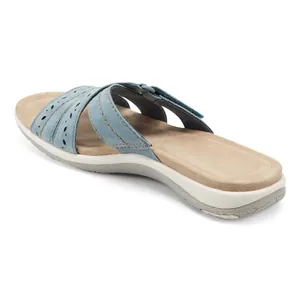Rear view of comfortable blue carved women's slide sandals with soft cushioned footbed
