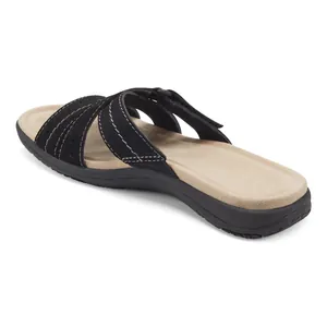 Detailed rear view of black women's slide sandal with decorative stitching and thick comfort sole