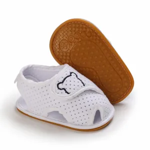 White mesh baby sandals with cute bear embroidery and soft rubber non-slip sole